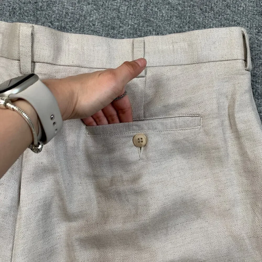 Cubavera Pants Mens 38 Ivory Linen Rayon Blend Herringbone Pleated Pocket Dress